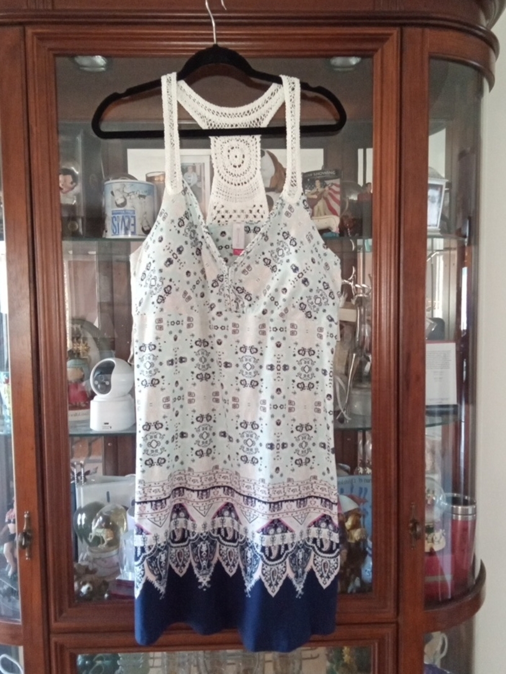 No Boundaries White Printed Crochet-Back Mini Dress with Navy Trim